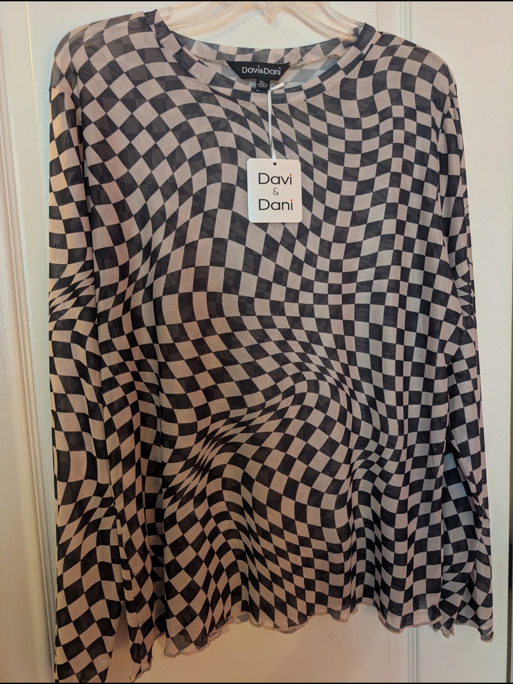 DAVI & DANI Black and Cream Distorted Checkerboard Blouse